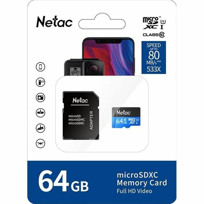 Карта памяти Netac MicroSD card P500 Standard 64GB, retail version w/SD — фото 1