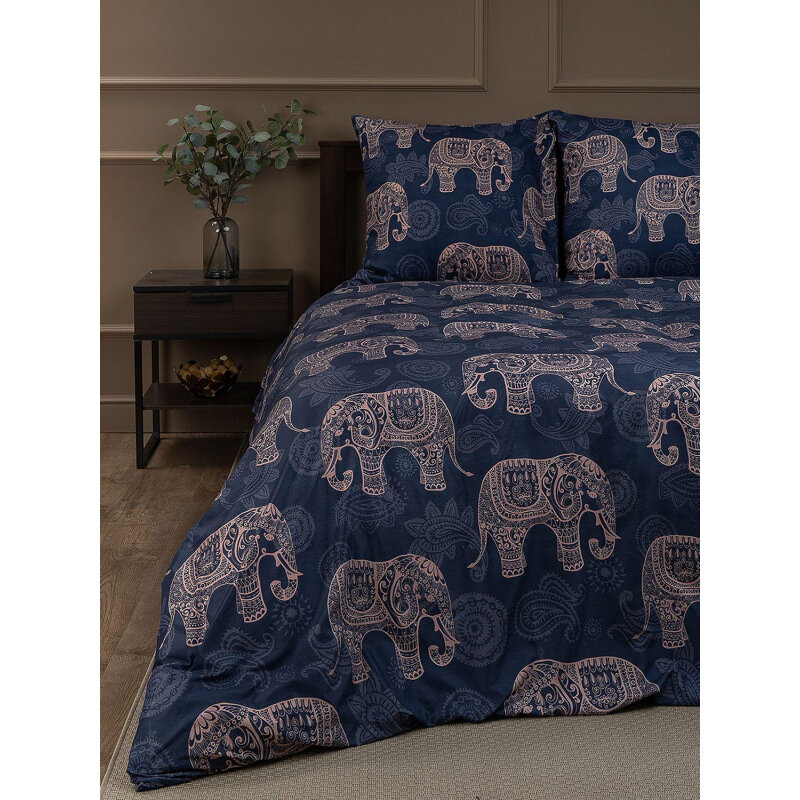 Постельное белье 2сп микрофибра Elephants (нав. 70х70 2 шт) синий/бежевый