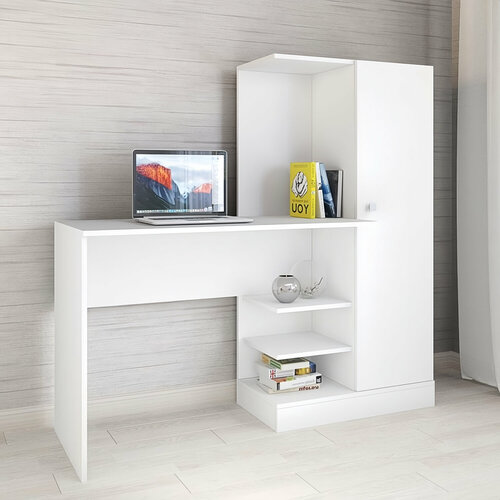 Стол компьютерный Квартет-6 белый, размер 145х135х50 см с полками и шкафчиком