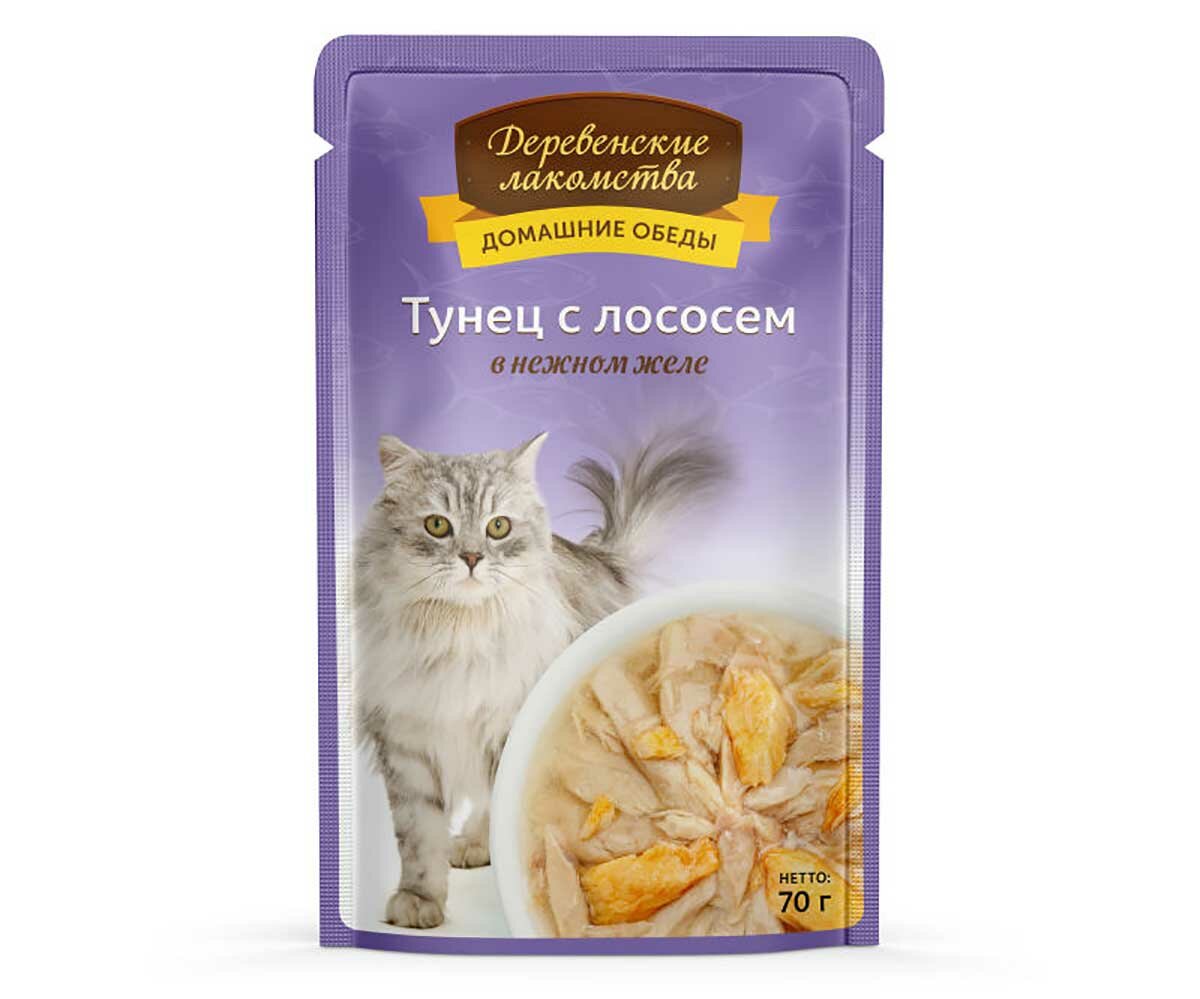 Деревенские лакомства влажный корм для кошек с тунцом и лососем в желе - 70 г