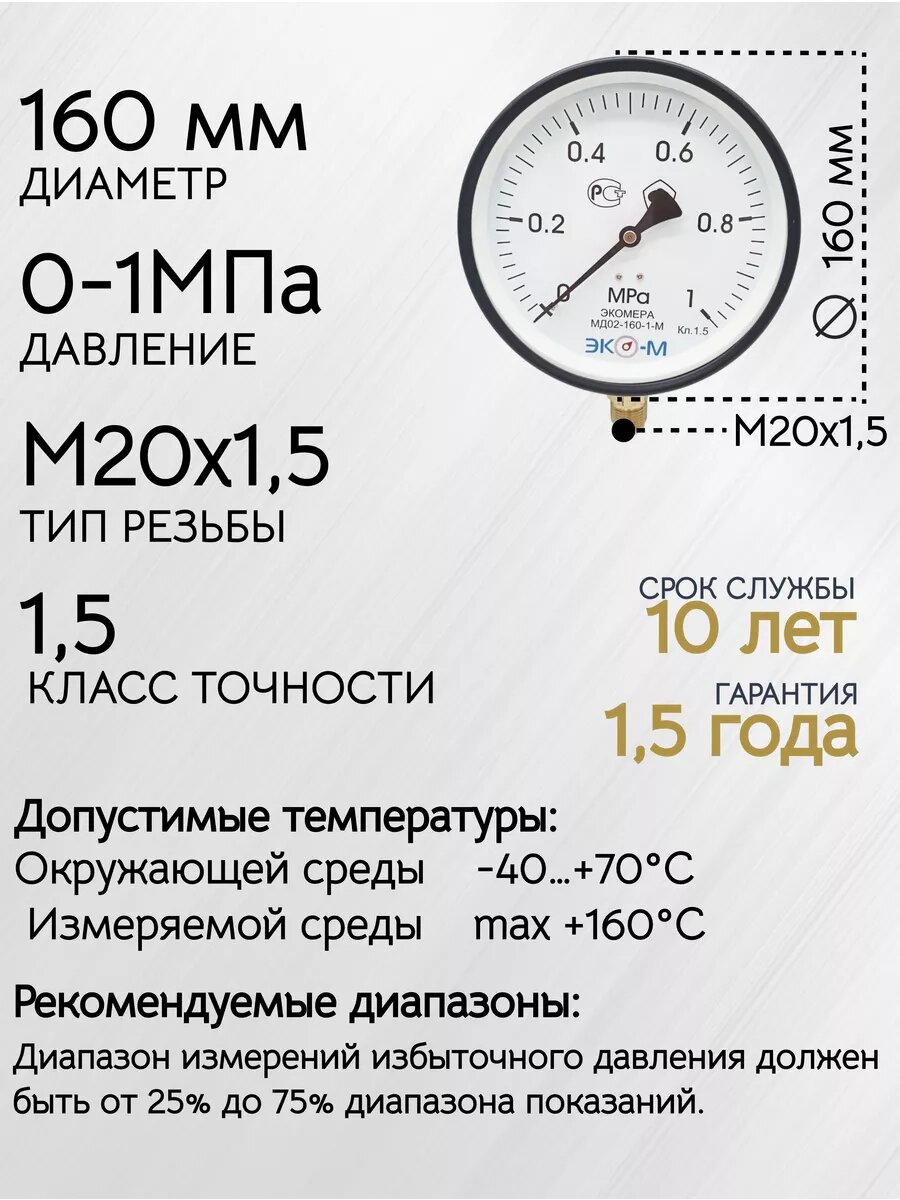 Манометр Экомера МД02-160мм 0.1МПа М20*1,5 — фото 1