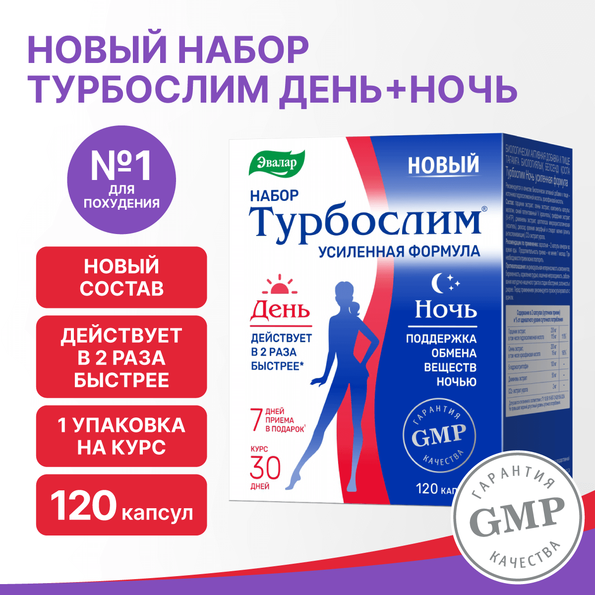 Картинки Турбослим набор день+ночь, усиленная формула, 60 розовых капсул + 60 синих капсул, Эвалар
