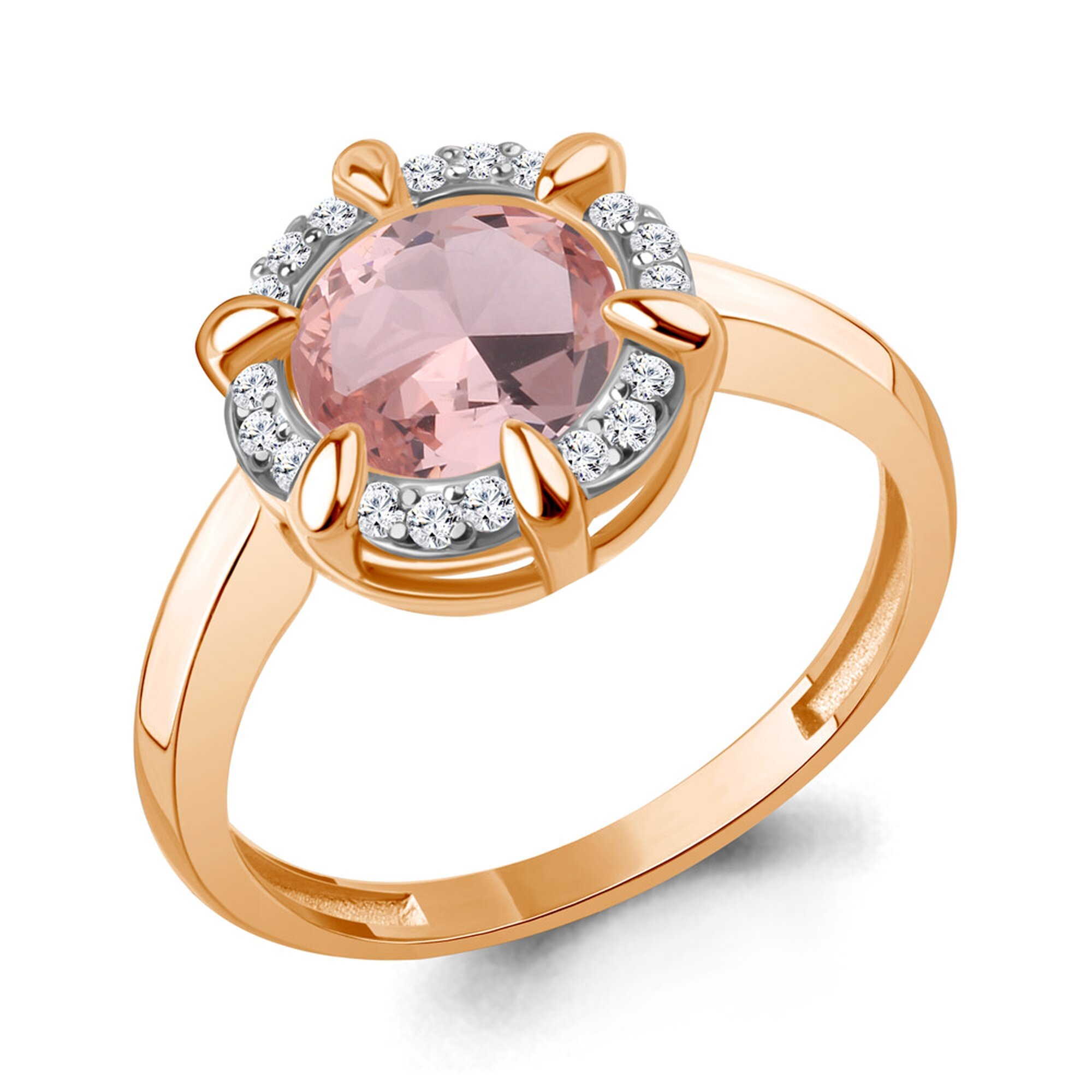Кольцо Diamant online, серебро, 925 проба, золочение, фианит, морганит, размер 17.5, розовый