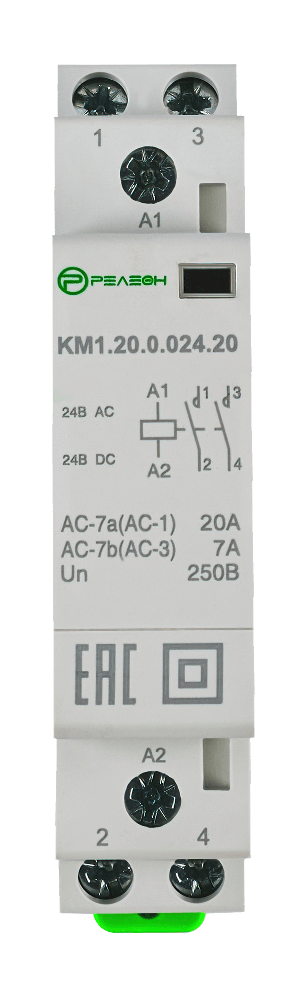 Модульный контактор 2НО контакта 20А; 24В AC/DC, релеон, KM1.20.0.024.20 — фото 1
