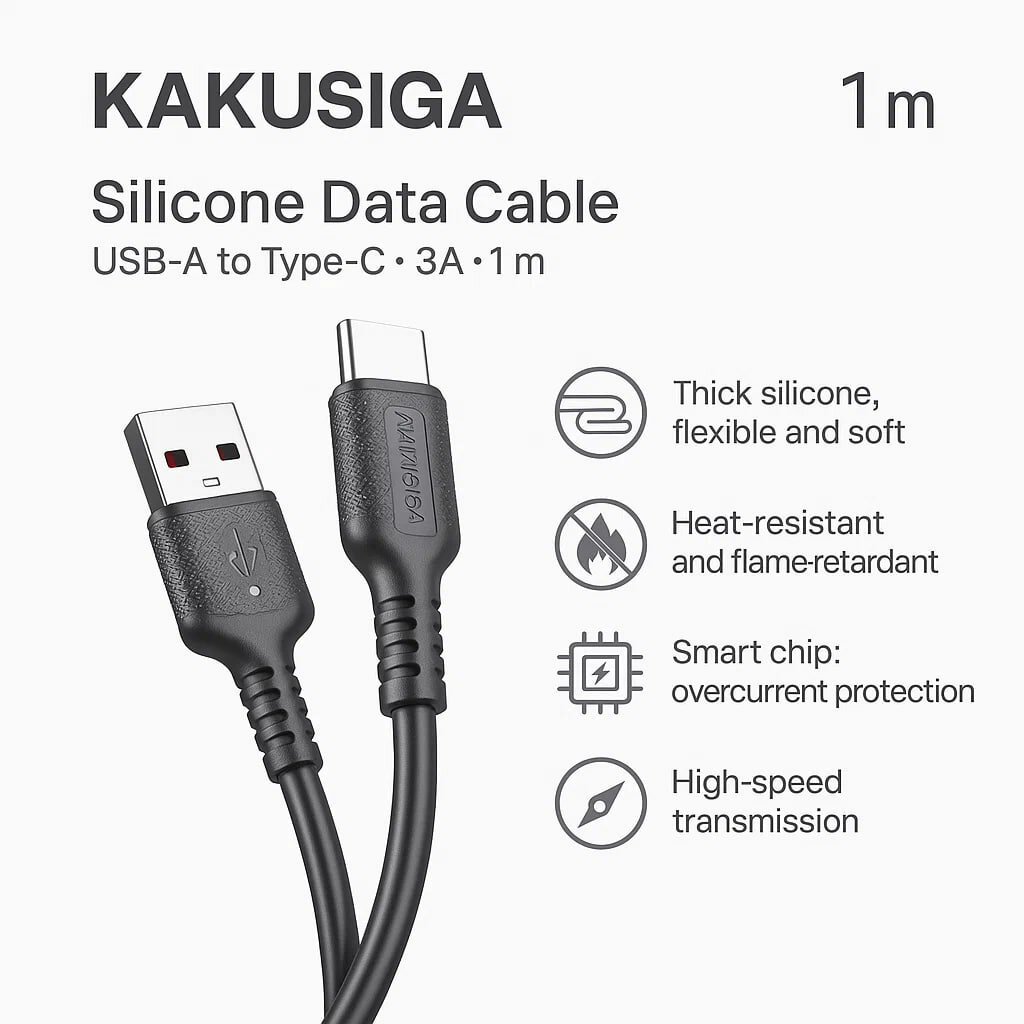 Кабель KAKUSIGA, USB-A - Type-C, 1м, силиконовый, огнестойкий, чёрный — фото 1
