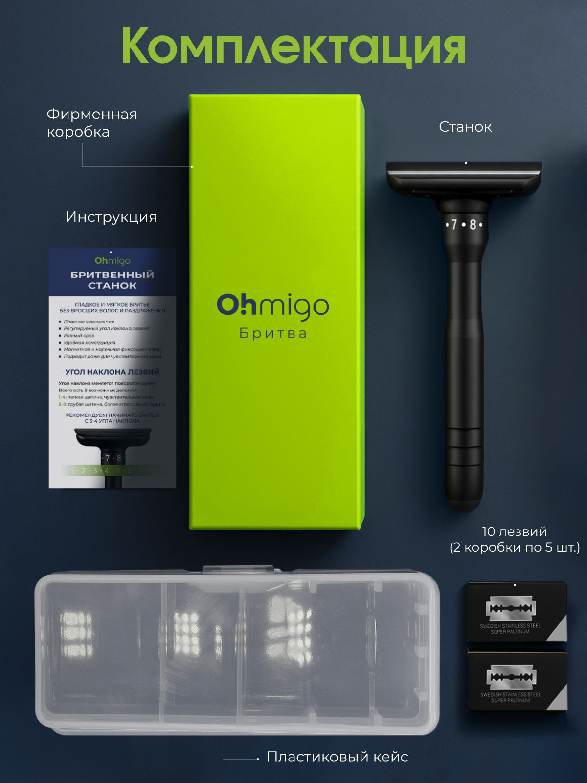 Т-образная регулируемая бритва Ohmigo, 10 лезвий, магнитная фиксация лезвий — фото 1