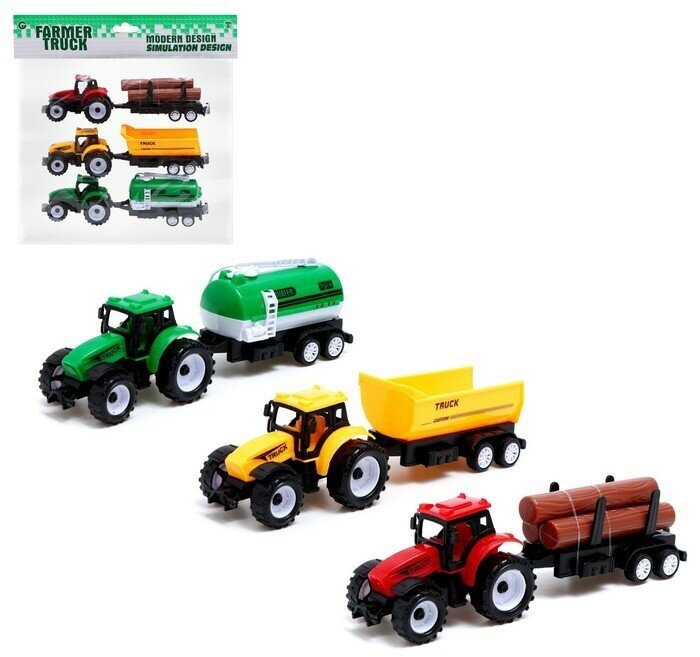 Набор инерционных тракторов «Фермер» с прицепом, 3 штуки