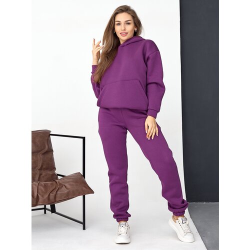 фото Костюм промдизайн, худи и брюки, спортивный стиль, оверсайз, утепленный, карманы, размер 56, фиолетовый