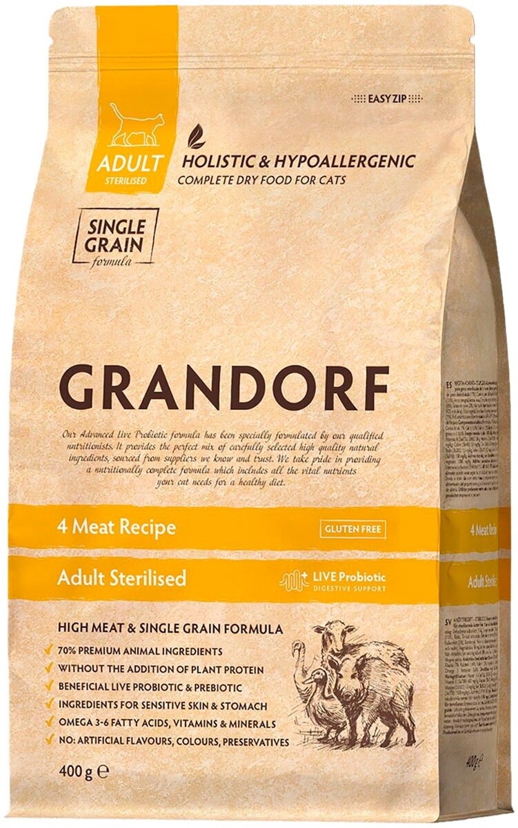 GRANDORF CAT LIVING PROBIOTICS 4 MEAT & RICE STERILISED низкозерновой с живыми пробиотиками для взрослых кастрированных котов и стерилизованных кошек с мясом и рисом (0,4 кг)