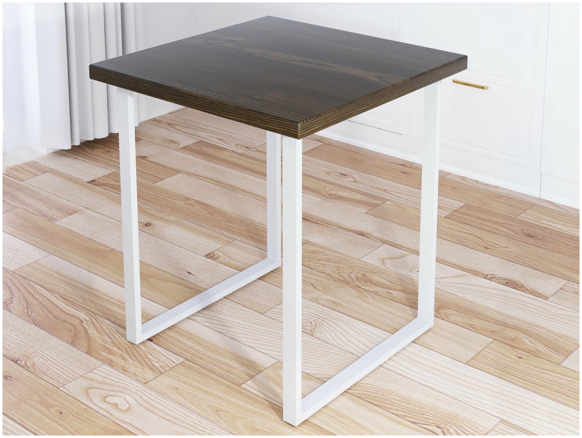 Стол кухонный Loft квадратный со столешницей цвета темного дуба из массива сосны 40 мм и белыми металлическими ножками, 80x80х75 см