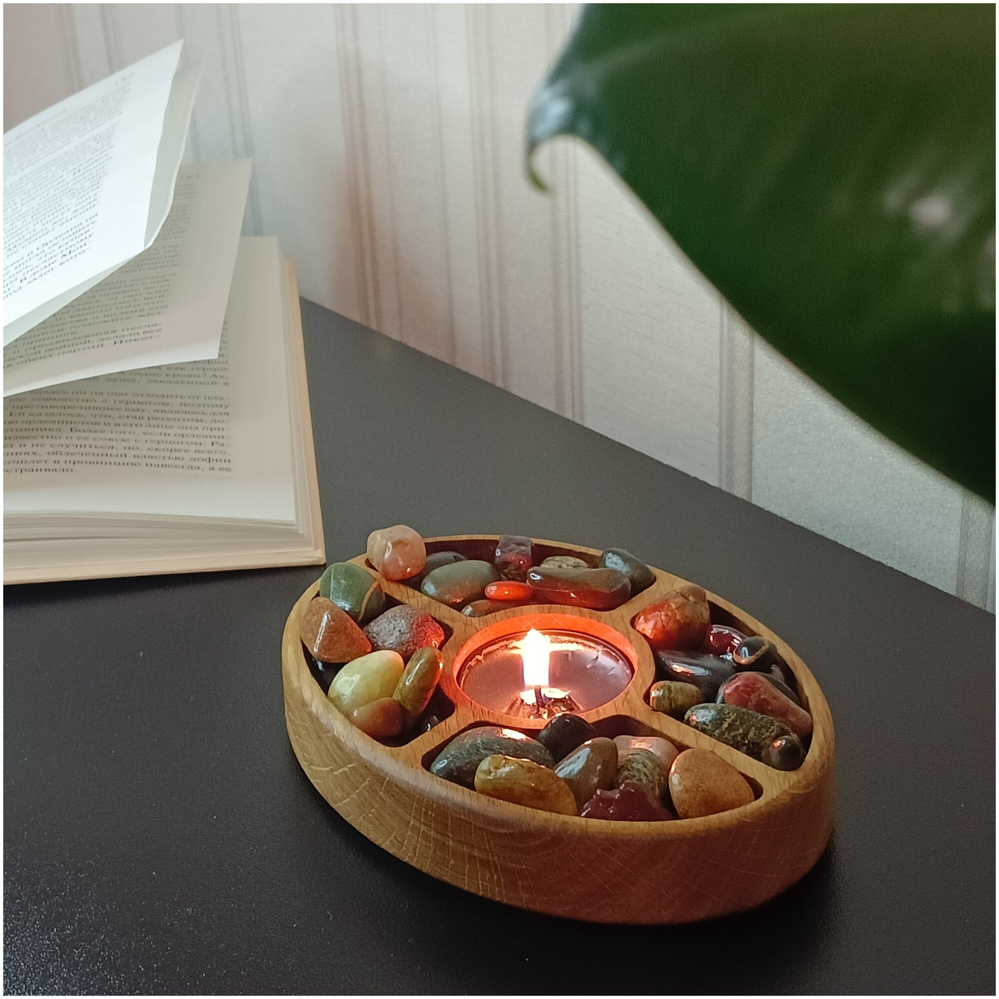 Подсвечник деревянный с морскими камешками для чайных свечей, из дуба (набор), овальный, размер 13,8 см* 10 см (подарок) - фотография № 10