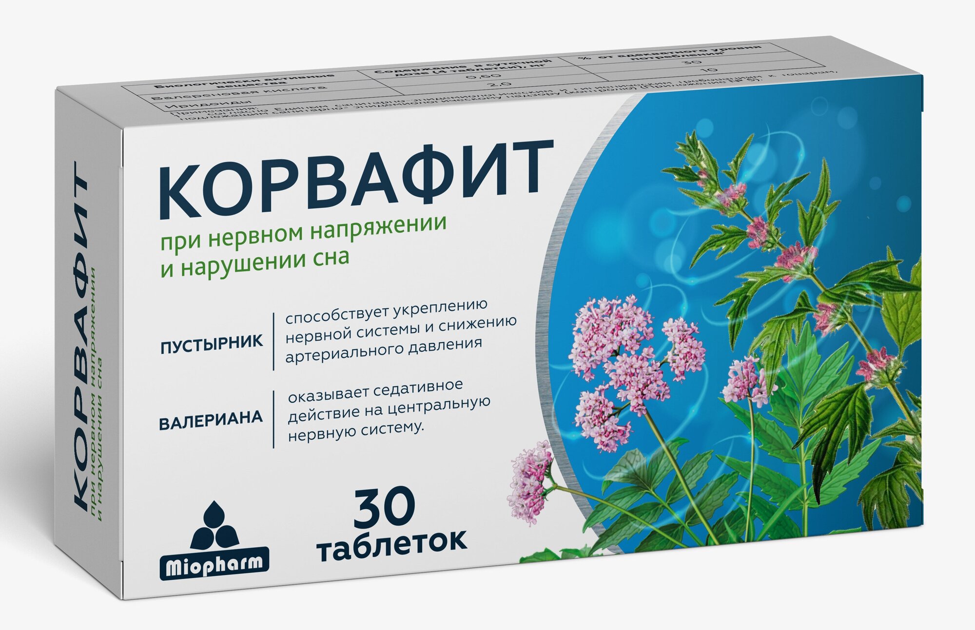 Корвафит 30 таб. Антистресс комплекс, экстракт валерианы и пустырник в таблетках, успокоительное средство, успокоительные таблетки для нервной системы.
