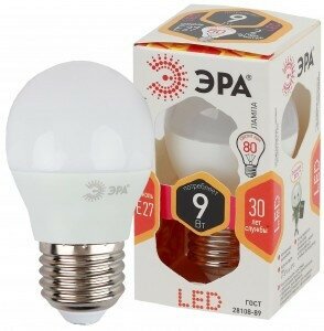 Светодиодная LED лампа ЭРА стандарт шар P45 E27 9W(720lm) 2700K 2K 88x45 P45-9w-827-E27 6771 (упаковка 14 штук)