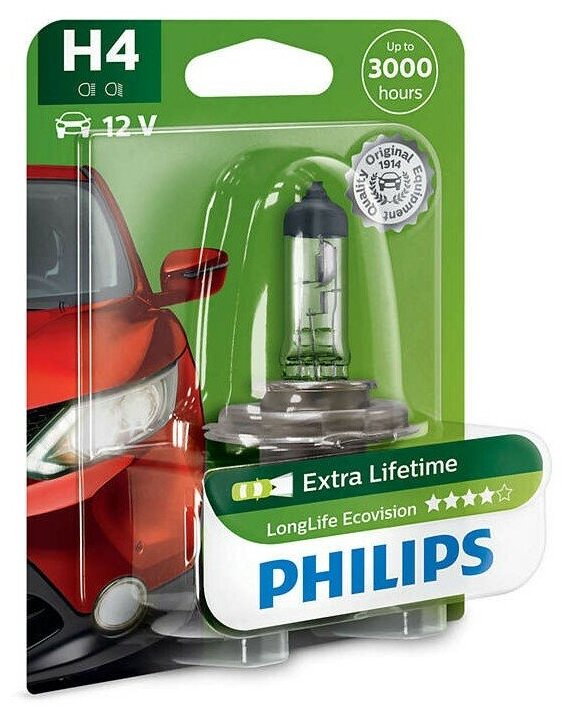 Лампа 12V H4 60/55W P43t-38 блистер (1шт.) Long Life Eco Vision PHILIPS 12342LLECOB1