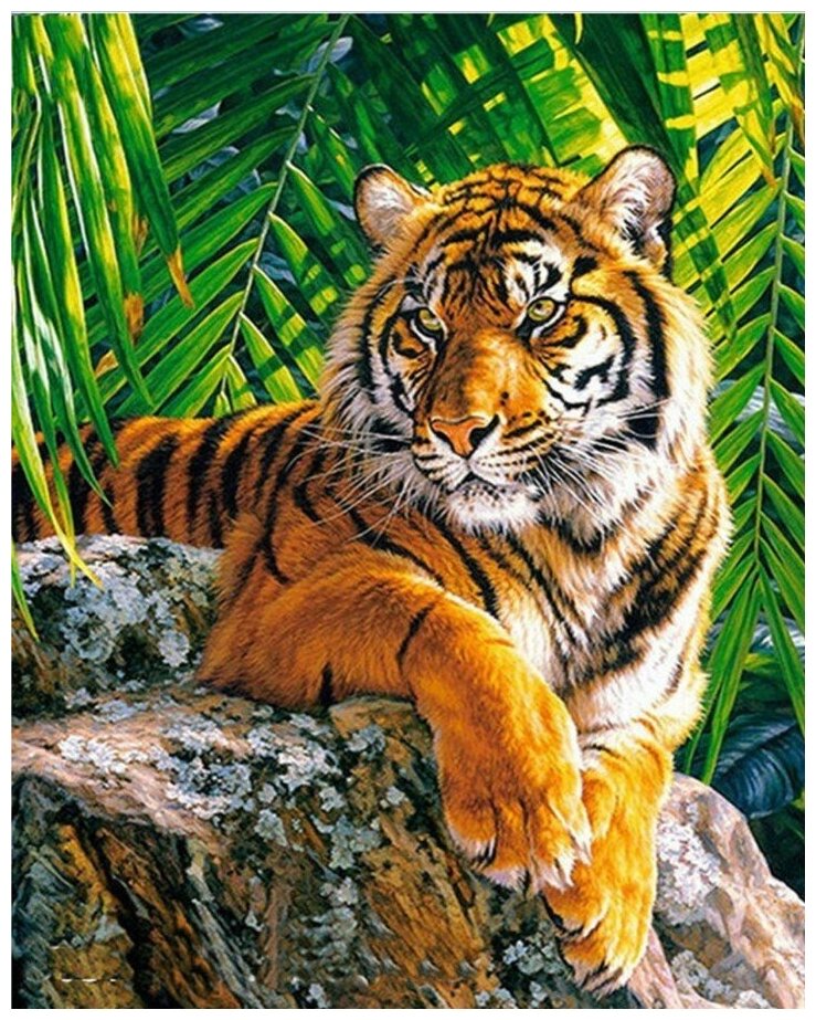 Алмазная мозаика на холсте с подрамником (картина стразами, алмазная вышивка) Величественный Тигр 40x50 см.