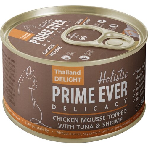 Prime Ever влажный корм для кошек, беззерновой, мусс с цыпленком, тунцом и креветками (24шт в уп) (80 гр)