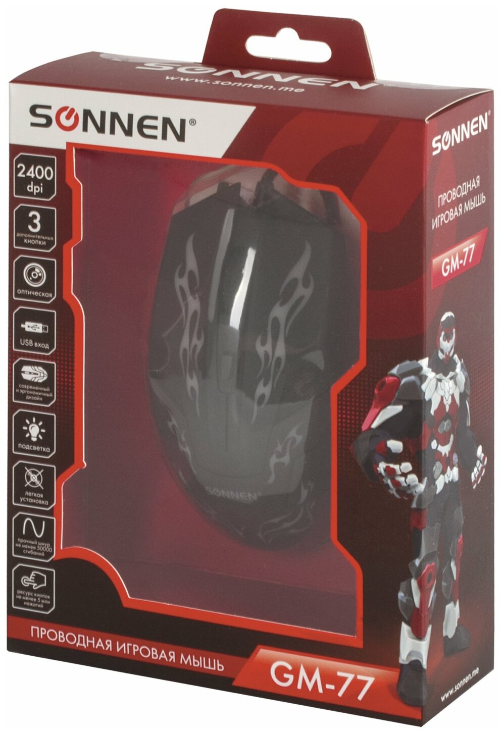 Мышь проводная игровая Sonnen GM-77 USB 2400dpi 6 кнопок оптическая LED подсветка черная - фото №5