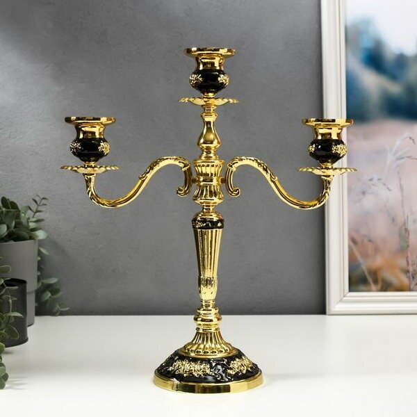 Подсвечник металл на 3 свечи "Розарий" золото, чёрная эмаль 35.5х32х12 см