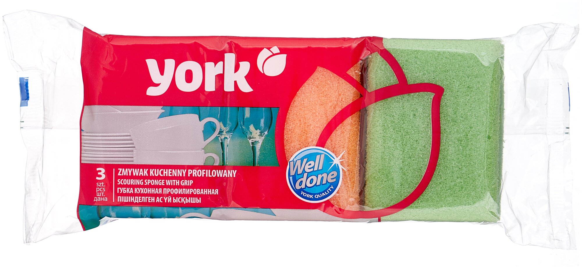 Губки для посуды York, профильные, 9 x 7 x 4,3 см, 3 шт