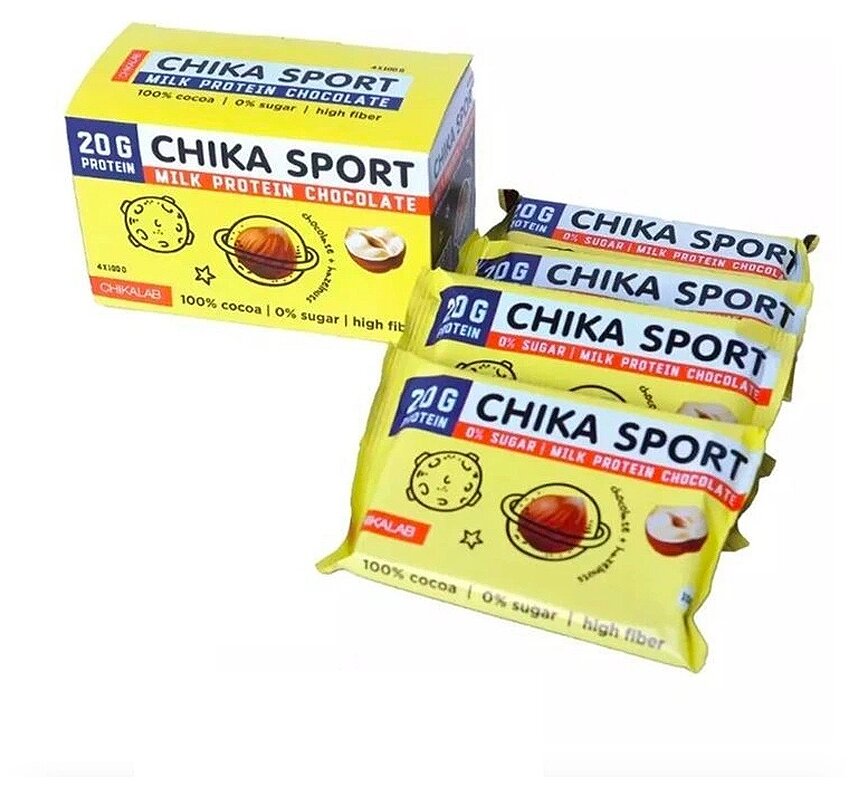 CHIKA SPORT Протеиновый молочный шоколад с фундуком без сахара, 4шт по 100г