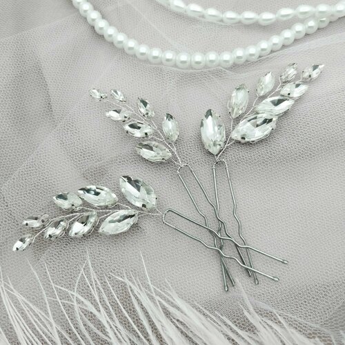 шпильки 3 штуки из страз и прозрачных бусин в свадебную в прическу