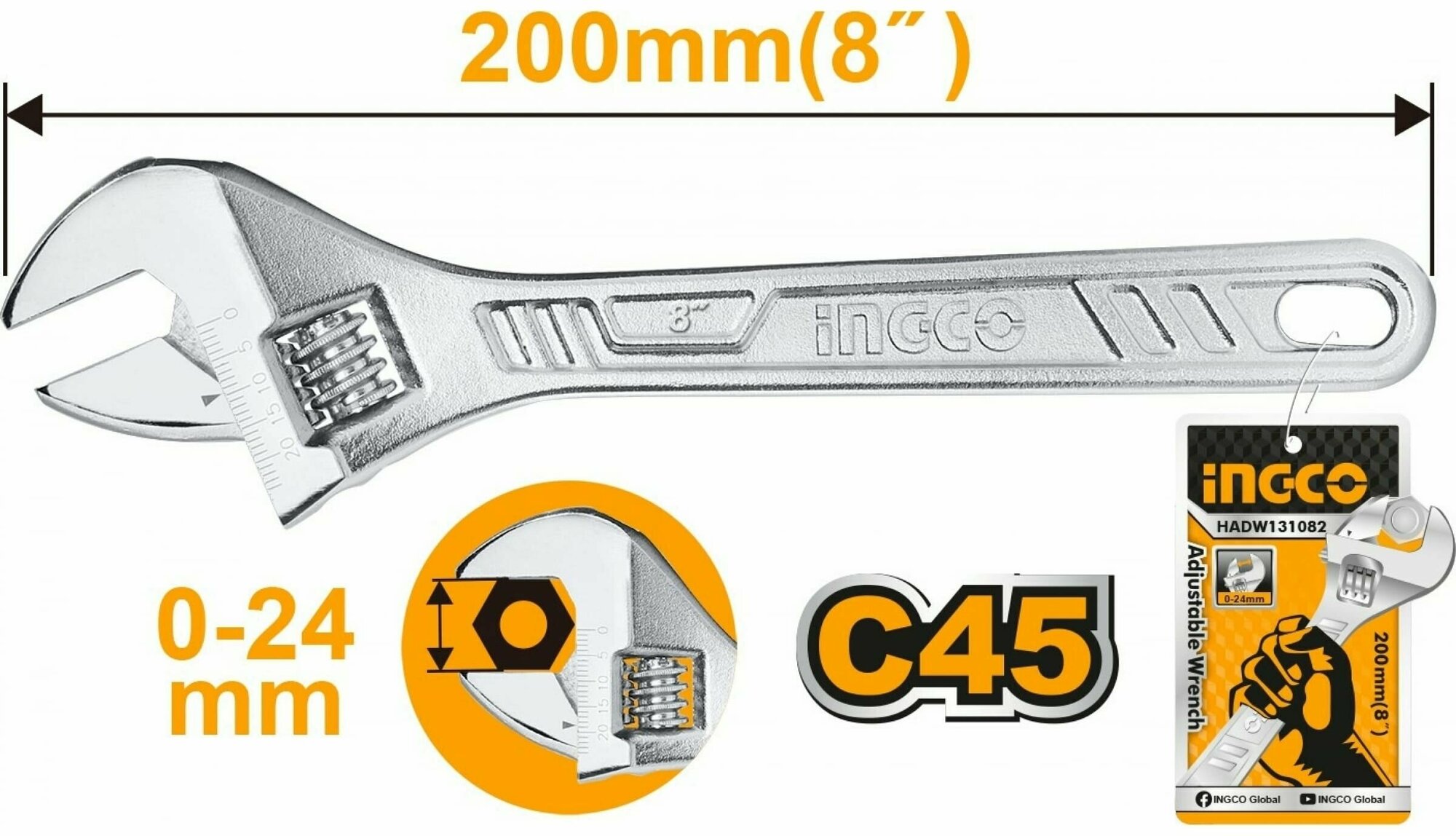 Ключ разводной 200мм (диапазон 0-24мм) INGCO HADW131082 - фотография № 1