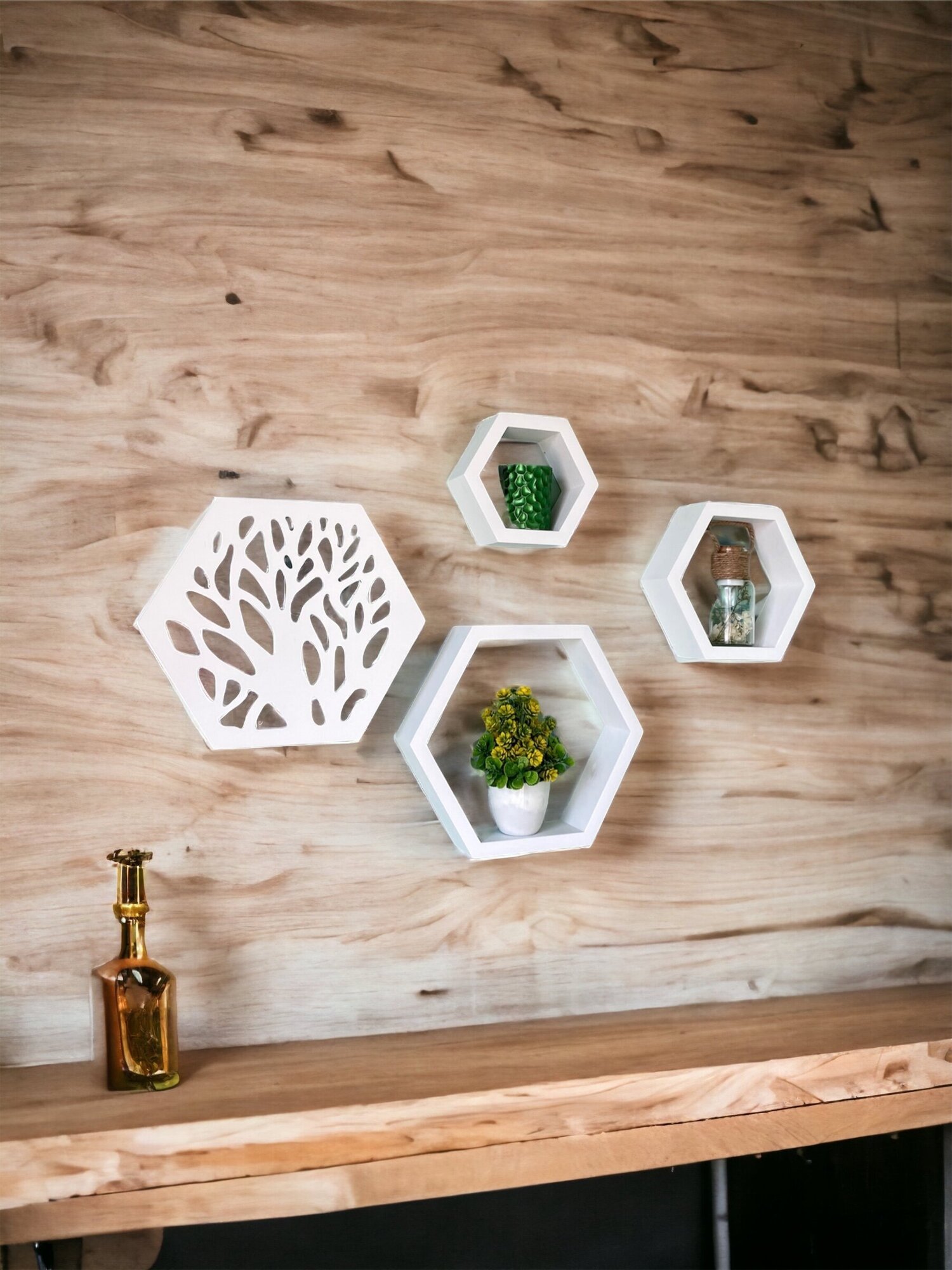 фото Комплект Полки соты и Декорация с узором Цветы настенные, белые 4 шт