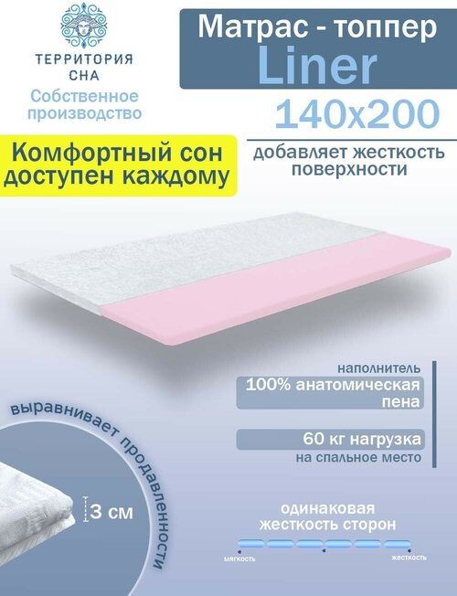 Топпер-наматрасник для защиты и выравнивания дивана/кровати. Анатомический эффект. Ортопедический матрас Liner 3*140*200