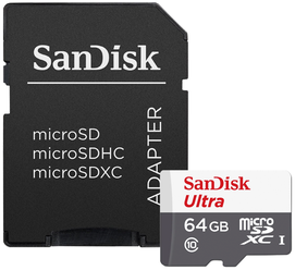 Карта памяти SanDisk Ultra microSDXC Class 10 UHS-I 80MB/s + SD adapter 64 GB, чтение: 80 MB/s, запись: 10 MB/s, адаптер на SD