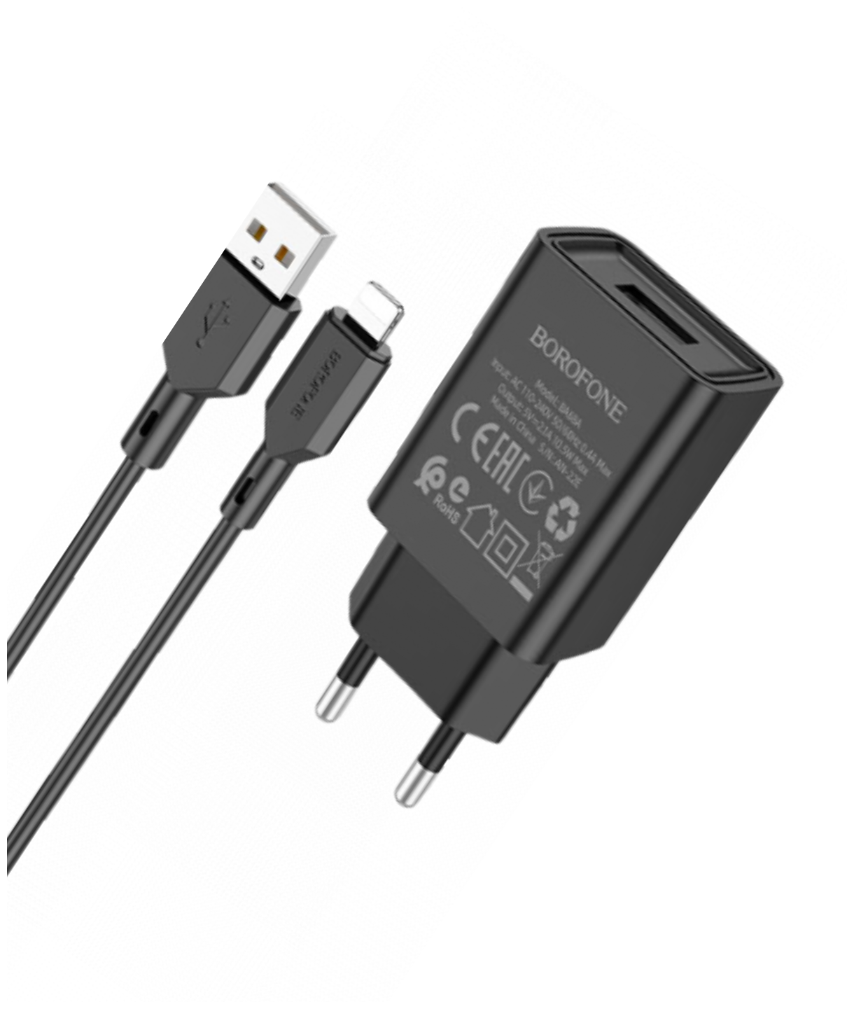 Сетевое зарядное устройство c USB Borofone BA68A+Lightning черное 2.1A