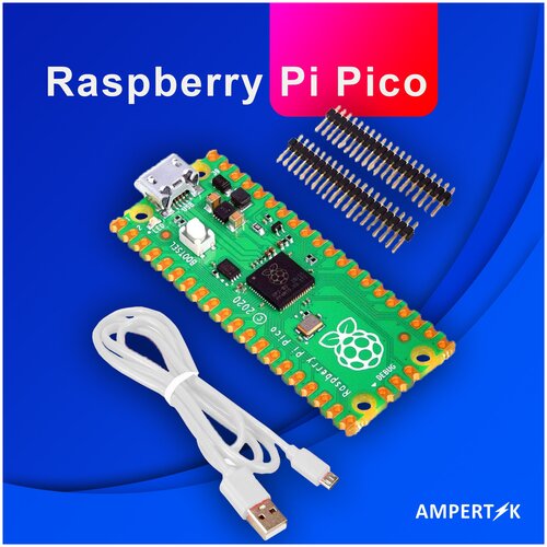 Raspberry Pi Pico - легкий стартовый комплект Ampertok состоящий из Raspberry Pi Pico кабеля и разъемов для контактов гибкий мини контроллер raspberry pi pico макетная плата на основе raspberry pi rp2040 кб sram 2 мб флэш памяти 5 шт