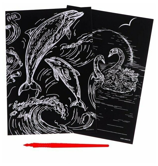 Набор гравюр "Дельфин и лебеди" с металлическим эффектом "золото", 2 шт, А5
