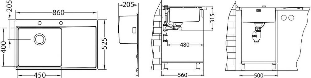 Мойка ALVEUS PURE 50R KMB-90 860X525 правая в комплекте с сифоном - фотография № 9