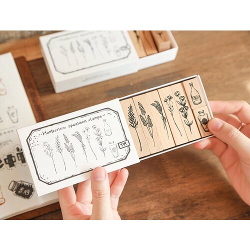 Набор штампов растения - Гербарий (вар. 2) 8 печатей для творчества. Деревянные штампы для скрапбукинга и рукоделия