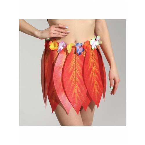 Гавайская юбка Листики красные и цветочки 36 см