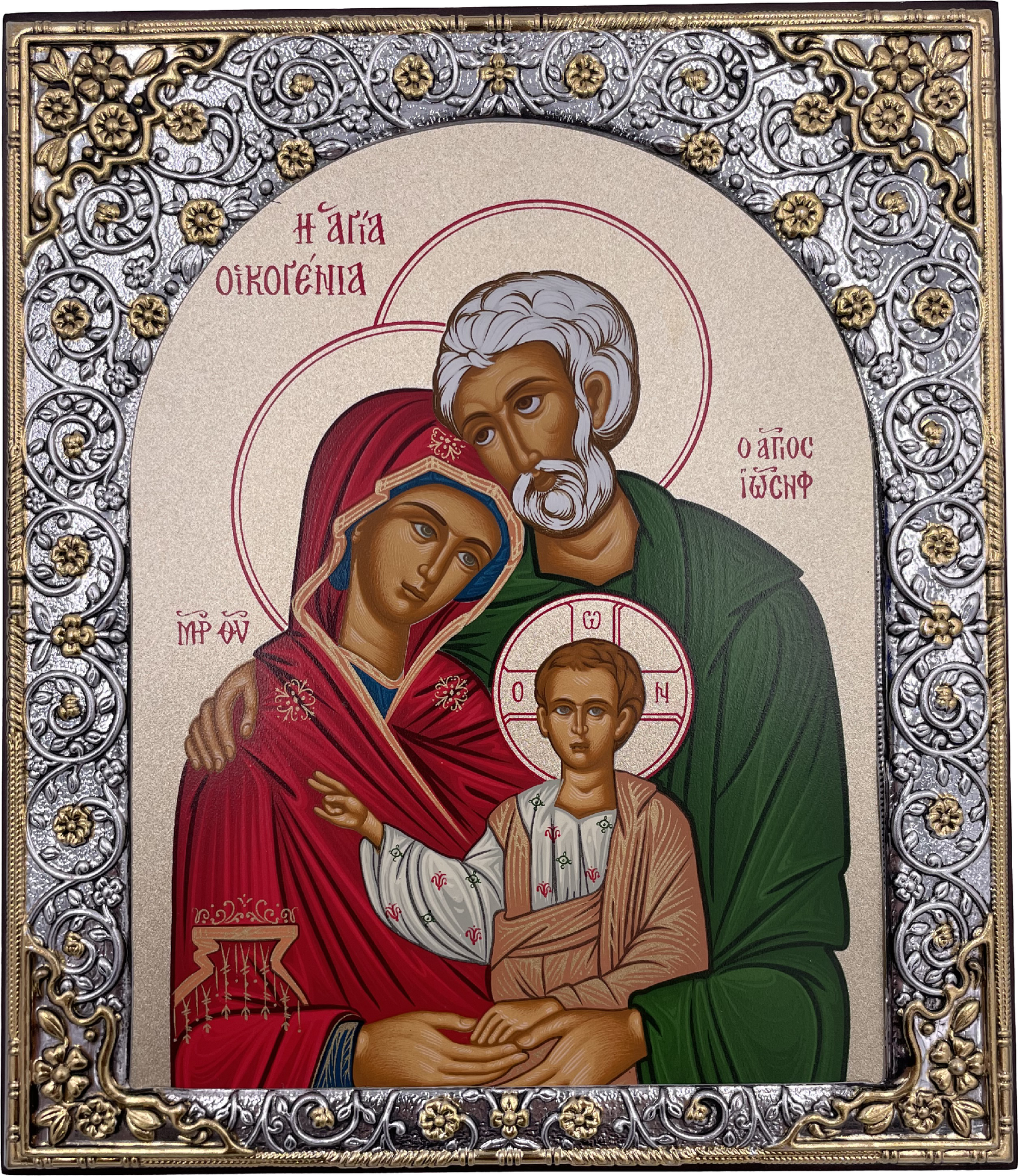 Икона Святое Семейство, открытый лик, деревянная с патиной, шелкография, «золотой» декор, «серебро» , 11*12,5см