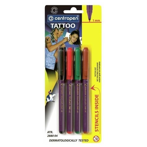 Фломастеры 4 цвета Centropen Tetovaci, для тату + 16 трафаретов, блистер, европодвес, линия 1.0 мм, 1 набор