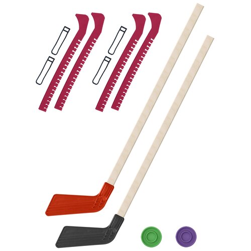 фото Набор зимний: 2 клюшки хоккейных красная и чёрная 80 см.+2 шайбы + чехлы для коньков красные - 2 шт. винтер