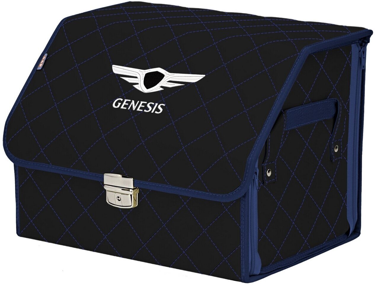 Органайзер-саквояж в багажник "Союз Премиум" (размер M). Цвет: черный с синей прострочкой Ромб и вышивкой Genesis (Дженезис).