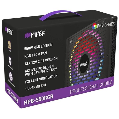 Блок питания 550W Hiper Hpb-550rgb ATX 2.31, 550W, ActivePFC, RGB 140mm fan, черный (длина кабеля 0,