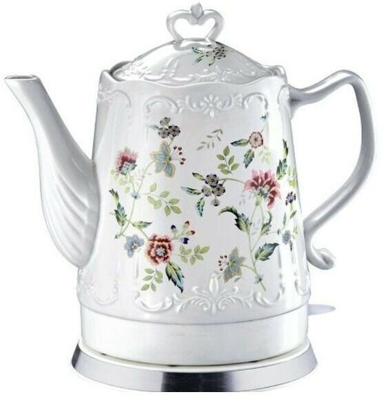Электрический керамический чайник, домашний чайник с рисунком, объем 1.7 л.,защита от перегрева,для дома,офиса,белый, с розами - фотография № 4