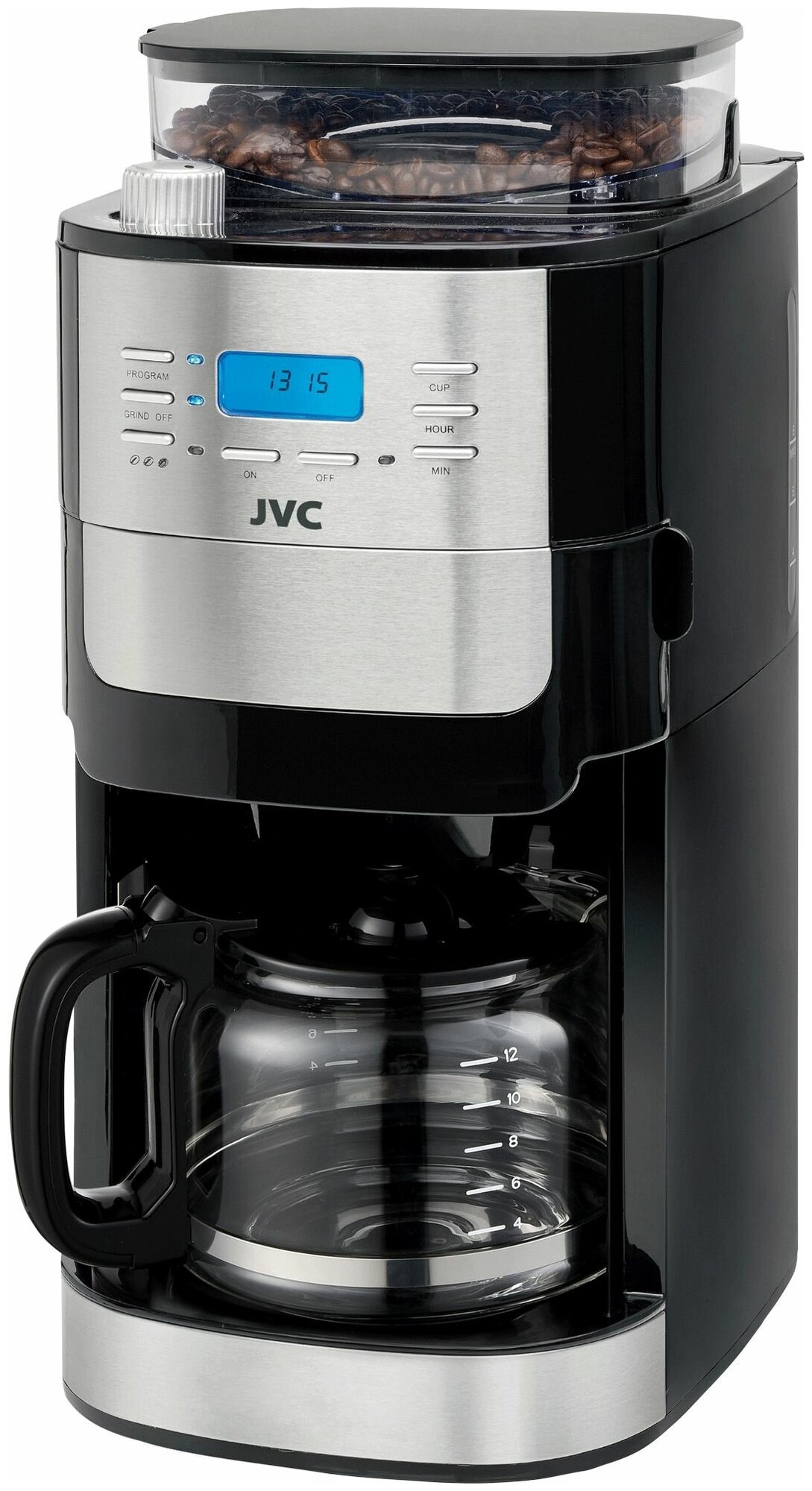 Кофеварка капельная JVC со встроенной кофемолкой 8 уровней помола 3 уровня крепости кофе отложенный старт 24 часа поддержание тепла 1050 Вт