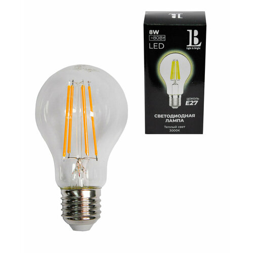 E27-8W-3000K-A60 Лампа LED (прозрачная Филамент) L&B