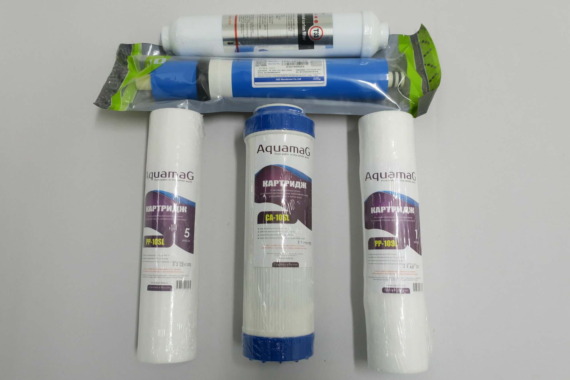 фото Универсальный набор картриджей 5 элементов, подойдет ко всем системам обратного осмоса (3 снизу, два сверху и бак)