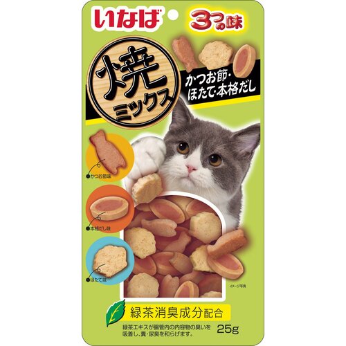 Лакомство INABA Yaki Miksu Запеченное ассорти для кошек со вкусом кацуобуси, морского гребешка и наваристого бульона 25г