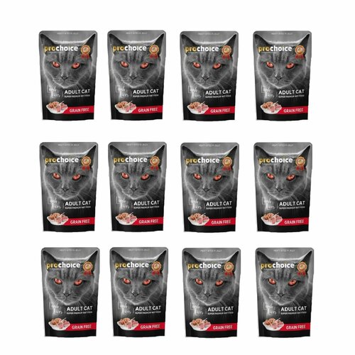PROCHOICE Влажный корм для кошек Grain Free, с ягненком и печенью, кусочки в желе, 85 г, 12 уп