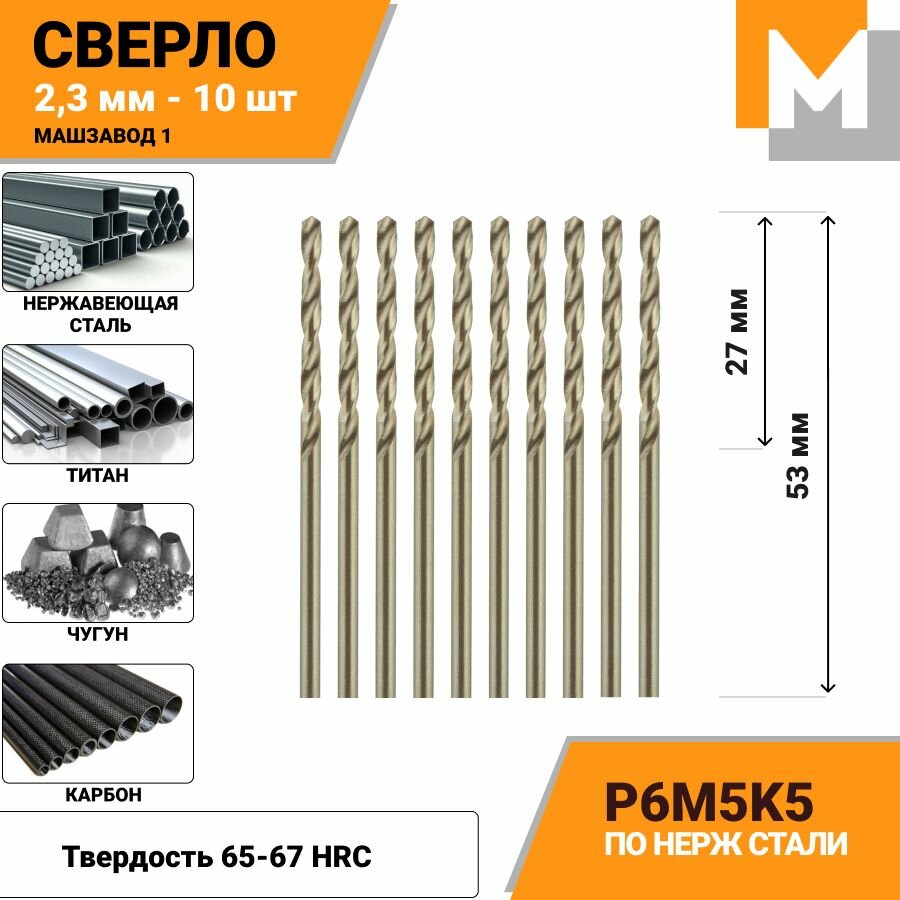 Сверло по металлу 2.3 мм - 10 шт. Р6М5К5 кобальтовое машзавод 1
