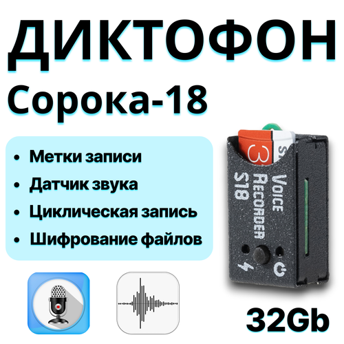 Диктофон Сорока-18 с датчиком звука шумоподавление память 32GB шифрование файлов циклическая запись 16400₽