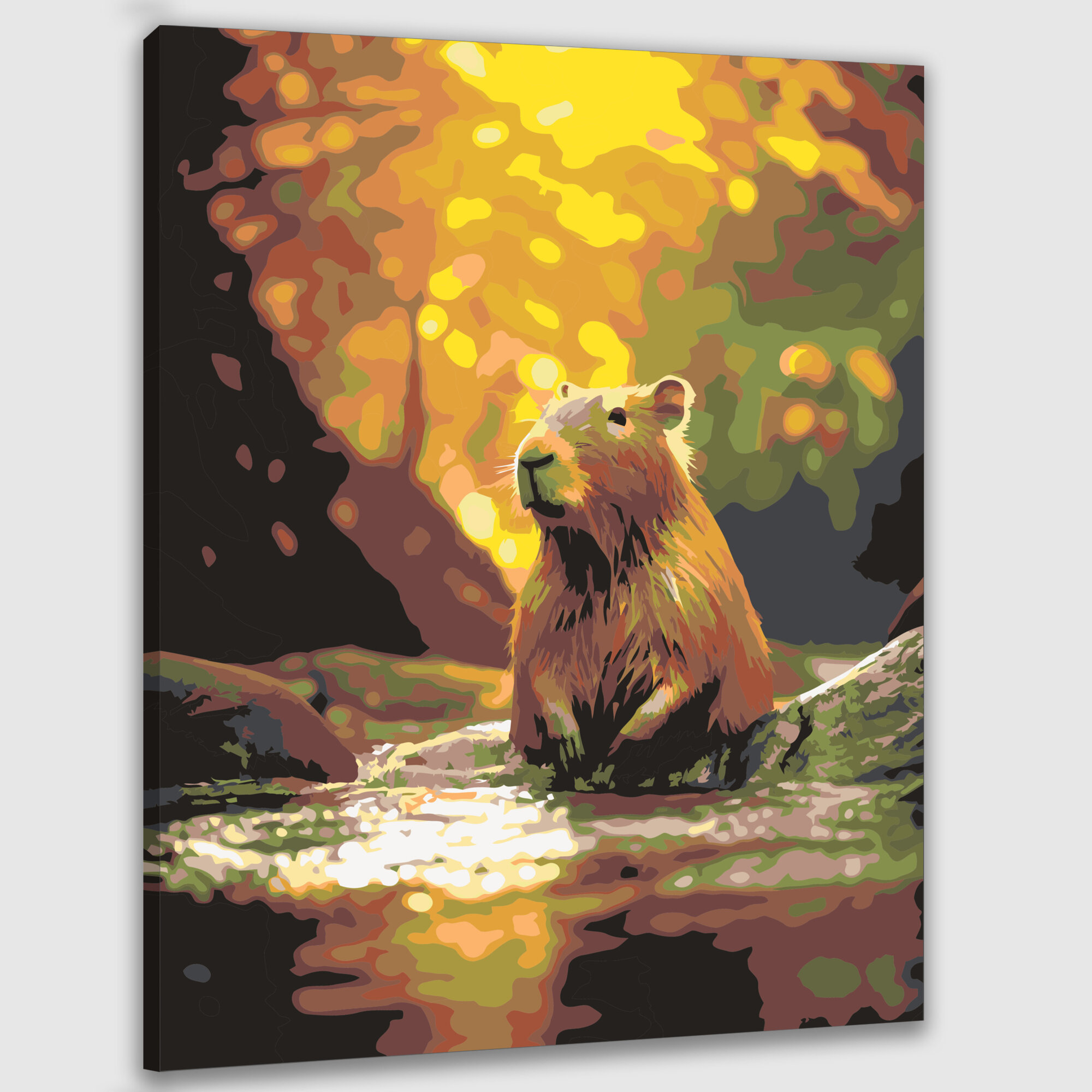 Картина по номерам 40x50 см, фотография, капибара, лес, золотые лучи, солнечный свет, кроны деревьев, голова, взгляд, f