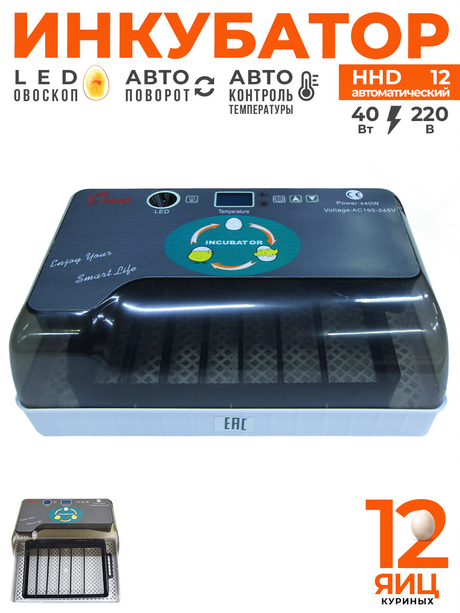 Инкубатор HHD 12 мини автоматический с овоскопом для всех видов яиц